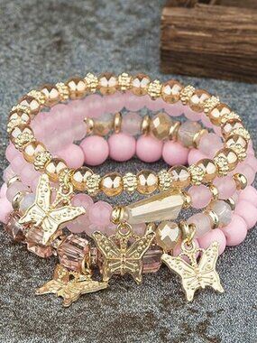 4 Pcs Cute Butterfly Charm Bracelets Set Gold Beaded Stackable Stretch Bracelets